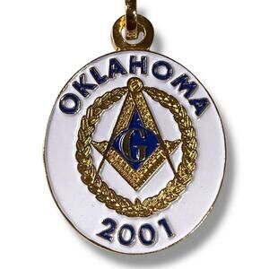 Vintage 2001 Free Mason Oklahoma Charm Keychain Gold Tone White Blue Enamel